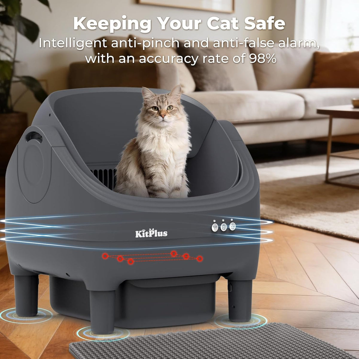 Self Cleaning Litter Box, Automatic Cat Litter Box-App Control, Open-Design Electric Litter Box, Safety Anti-Pinch, Odor-Free Waste Disposal Includes Trash Bags, Suitable for Multiple Cats, Grey