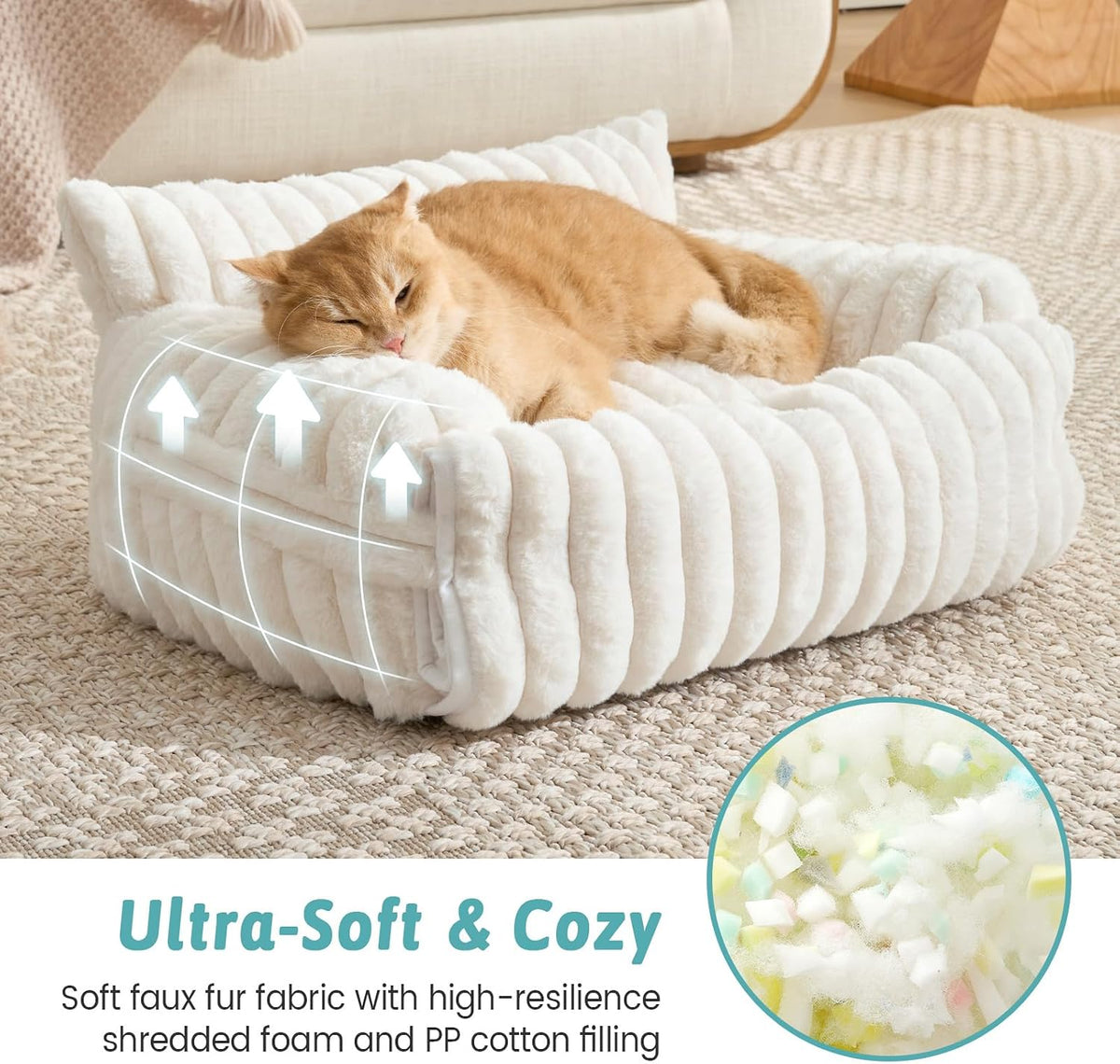 Cute Cat Bed with Removable Cover, Multifunctional Plush Faux Fur Pet Couch Bed with Blanket, Ultra-Soft Pet Furniture for Cats & Small Dogs (Cream, S: 25''X18'')