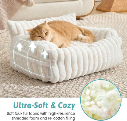Cute Cat Bed with Removable Cover, Multifunctional Plush Faux Fur Pet Couch Bed with Blanket, Ultra-Soft Pet Furniture for Cats & Small Dogs (Cream, S: 25''X18'')