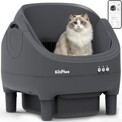 Self Cleaning Litter Box, Automatic Cat Litter Box-App Control, Open-Design Electric Litter Box, Safety Anti-Pinch, Odor-Free Waste Disposal Includes Trash Bags, Suitable for Multiple Cats, Grey