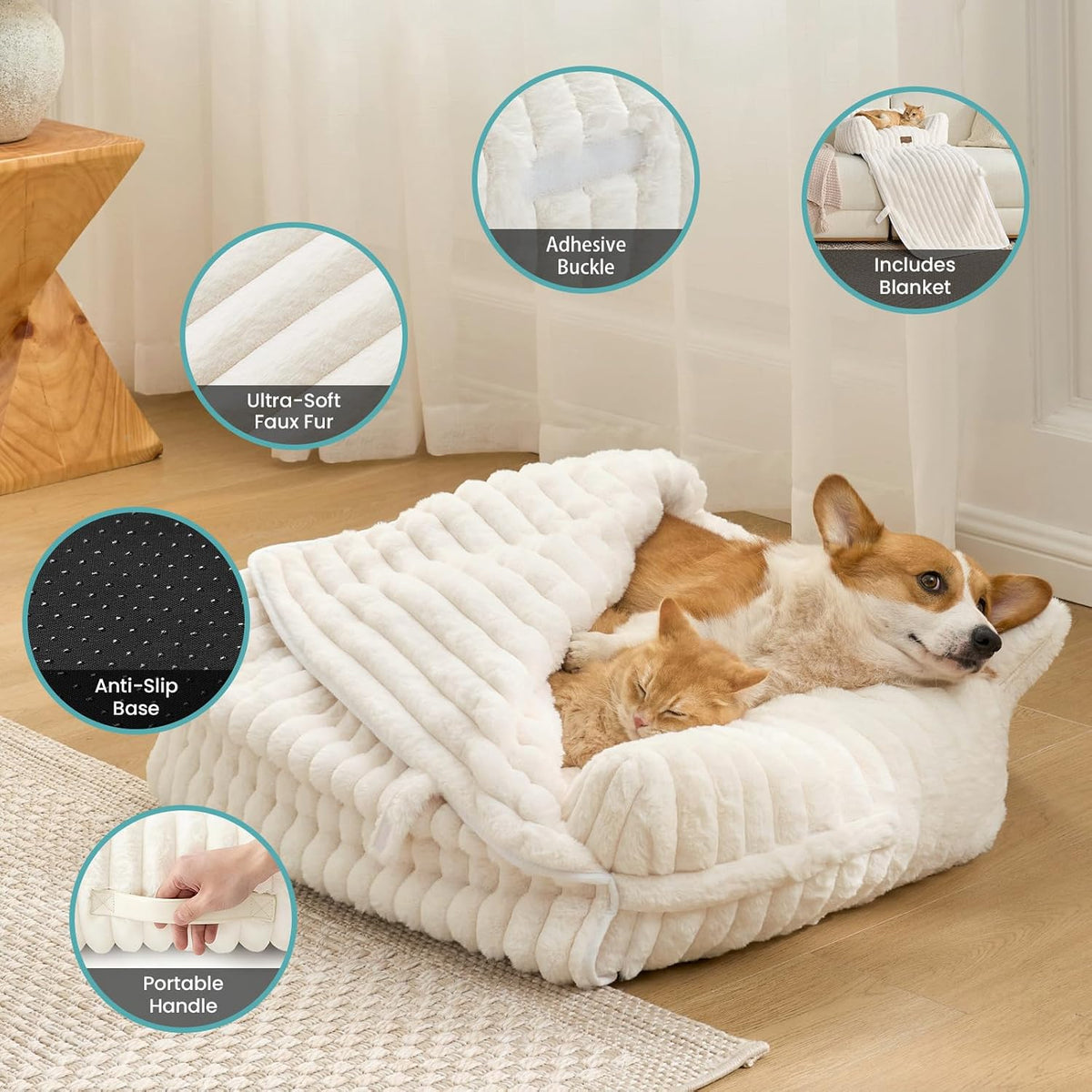 Cute Cat Bed with Removable Cover, Multifunctional Plush Faux Fur Pet Couch Bed with Blanket, Ultra-Soft Pet Furniture for Cats & Small Dogs (Cream, S: 25''X18'')