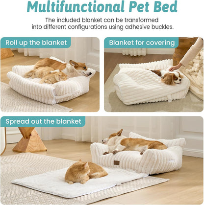 Cute Cat Bed with Removable Cover, Multifunctional Plush Faux Fur Pet Couch Bed with Blanket, Ultra-Soft Pet Furniture for Cats & Small Dogs (Cream, S: 25''X18'')